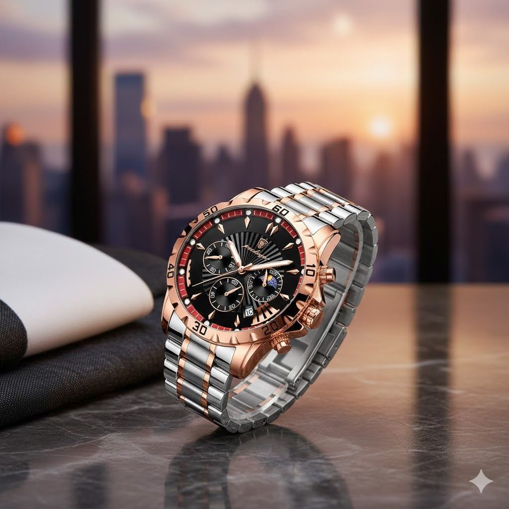 POEDAGAR Rose Gold Chronograph Watch For Men