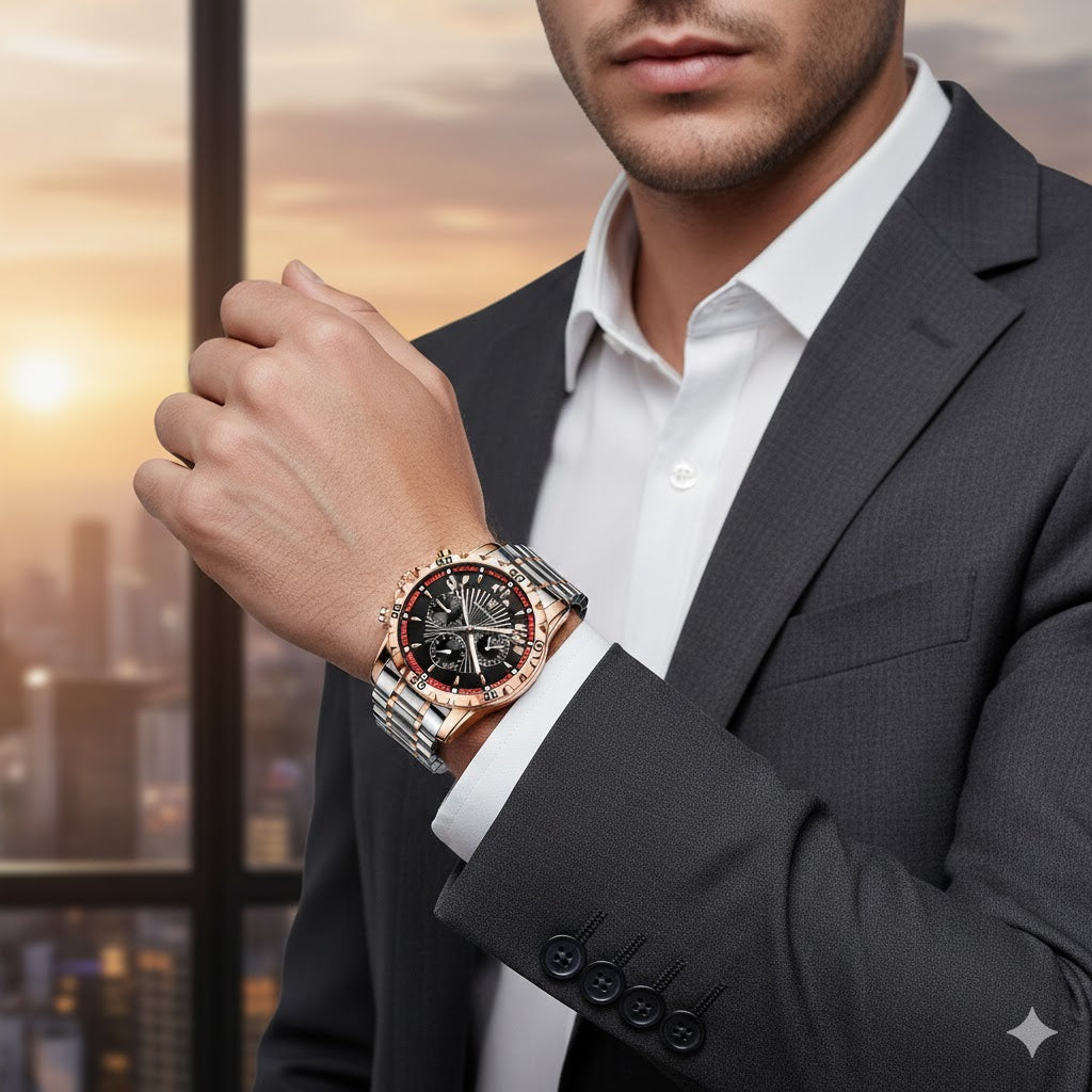 POEDAGAR Rose Gold Chronograph Watch For Men