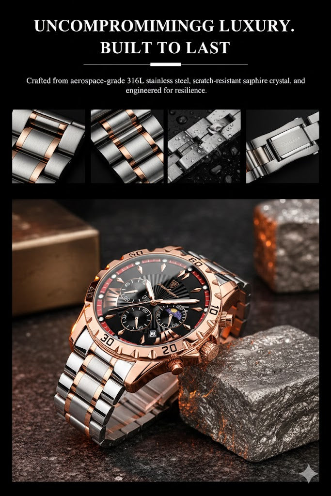 POEDAGAR Rose Gold Chronograph Watch For Men