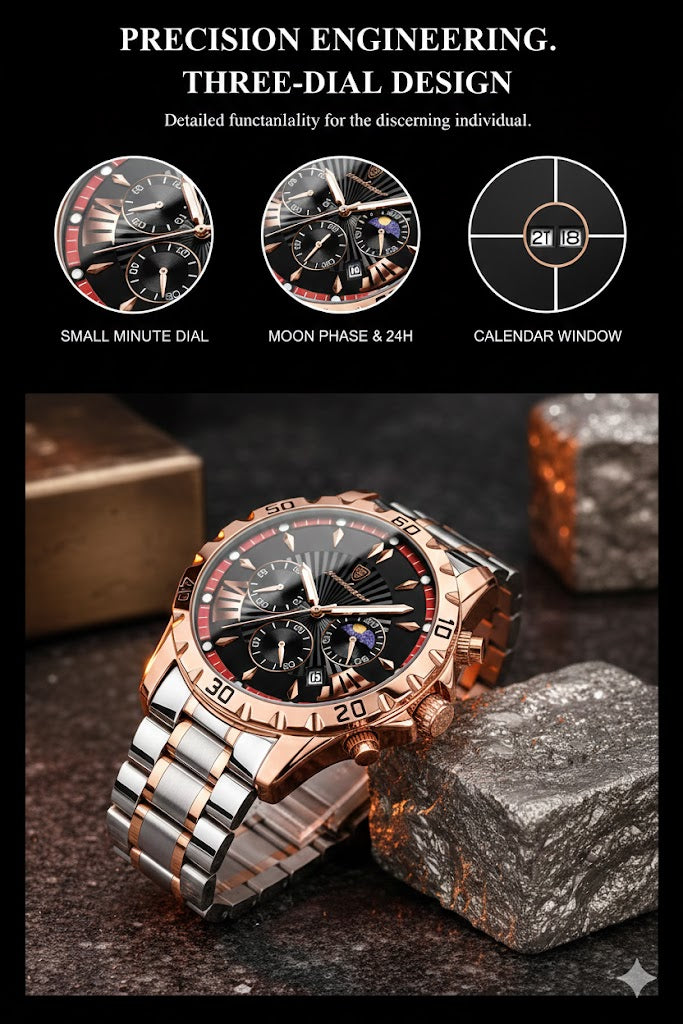 POEDAGAR Rose Gold Chronograph Watch For Men