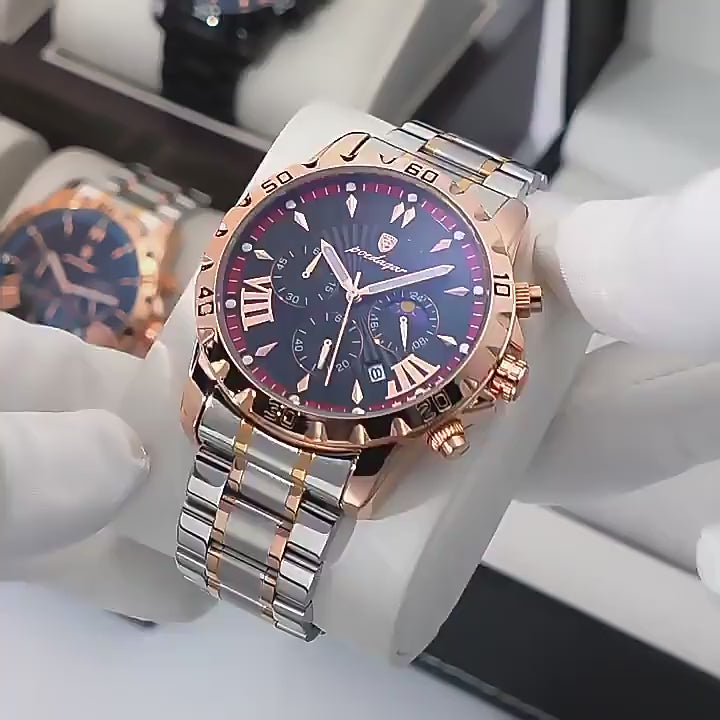 POEDAGAR Rose Gold Chronograph Watch For Men